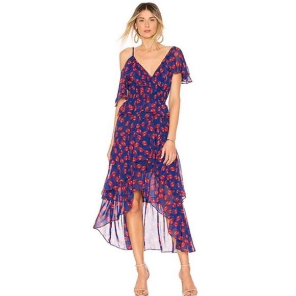 Misa Los Angeles Loulou Ruffled Midi Dress In Navy Blue And Red Print in Size S - Picture 2 of 9